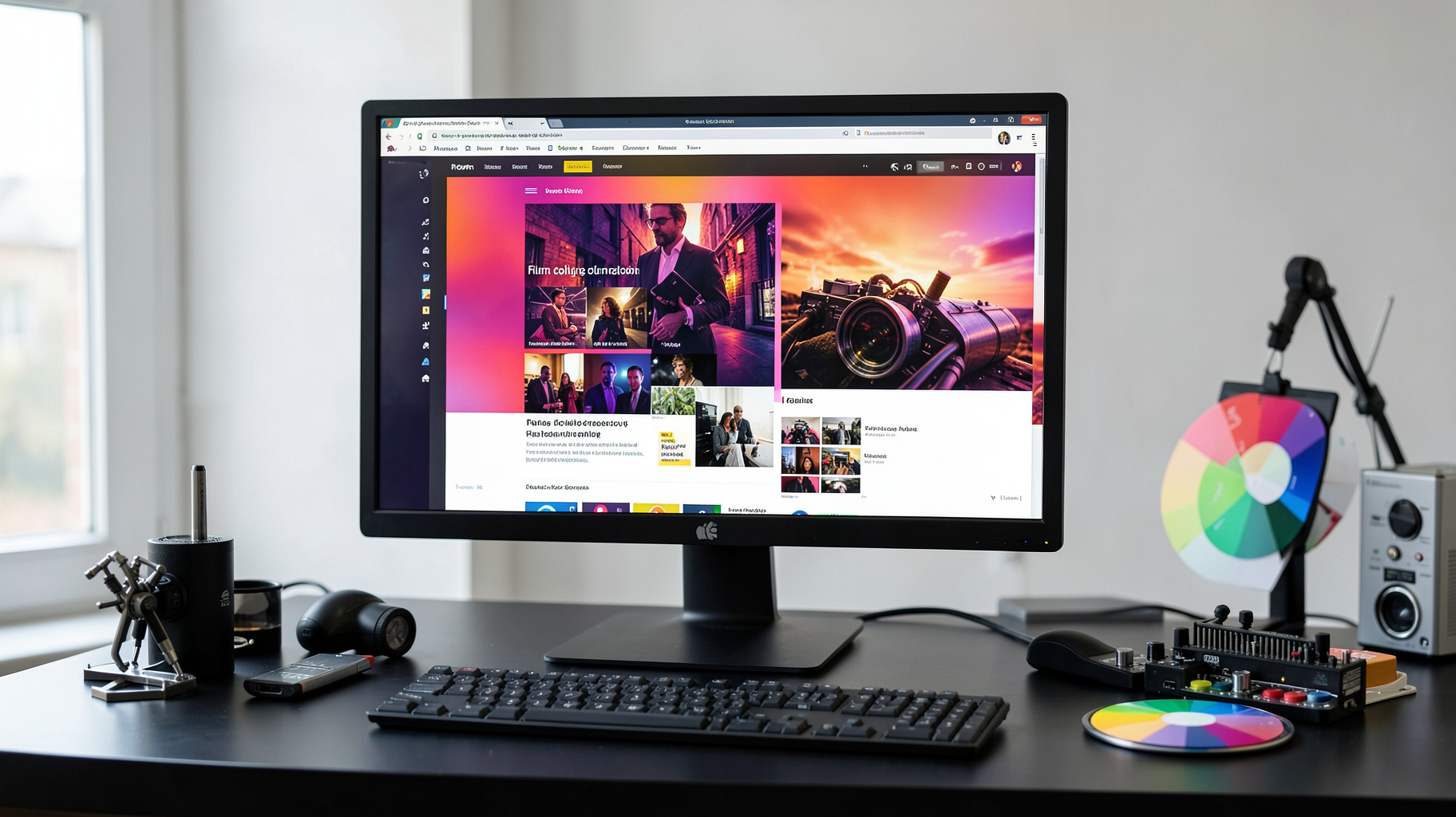 A designed editorial layout displayed on a studio monitor