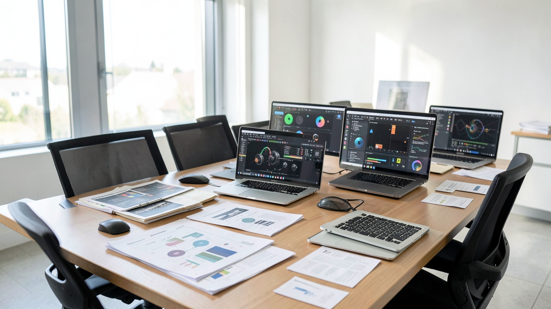 A creative team reviewing screens and printed strategy work around a table