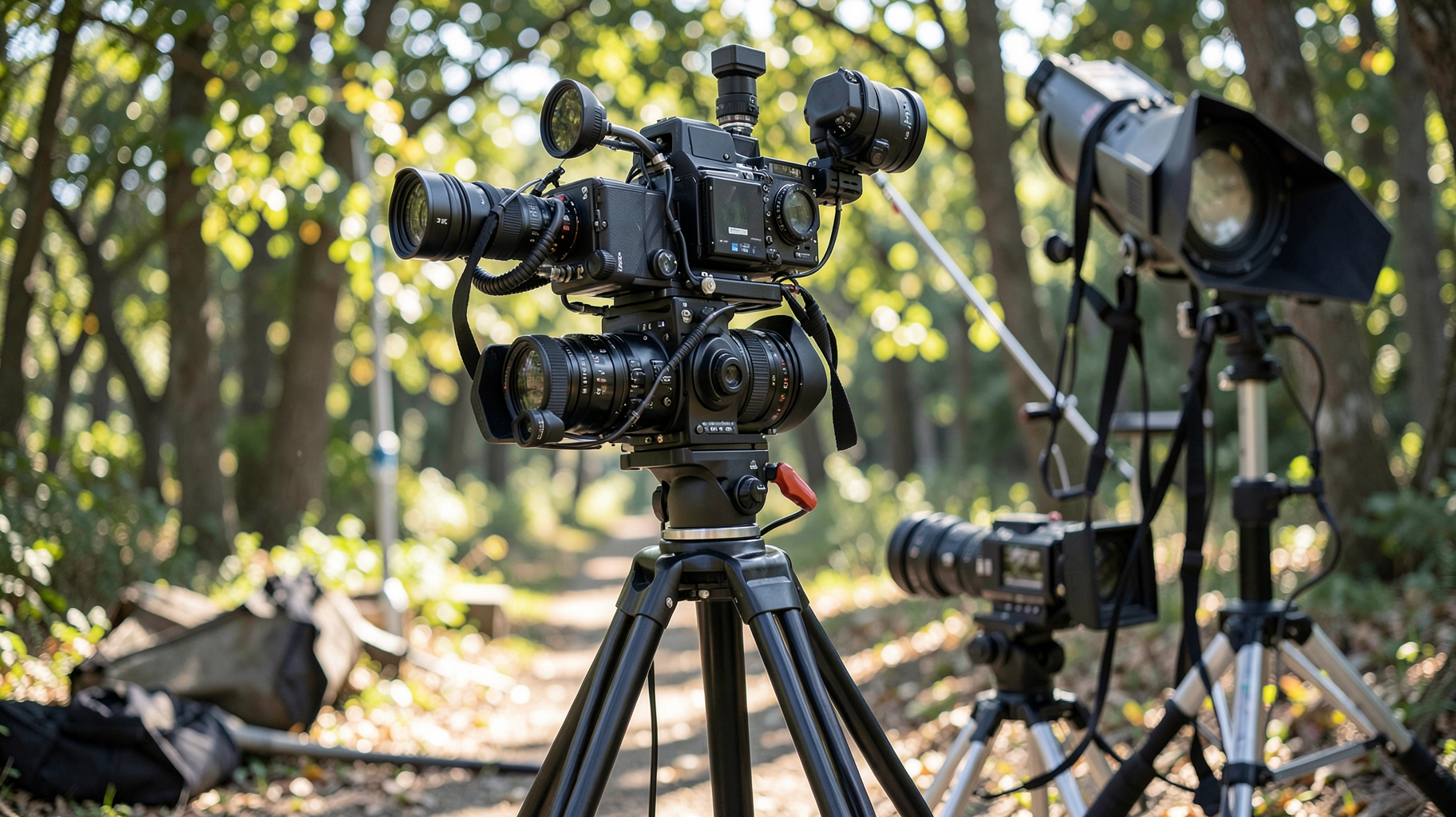 A camera crew operating a cinema rig on location